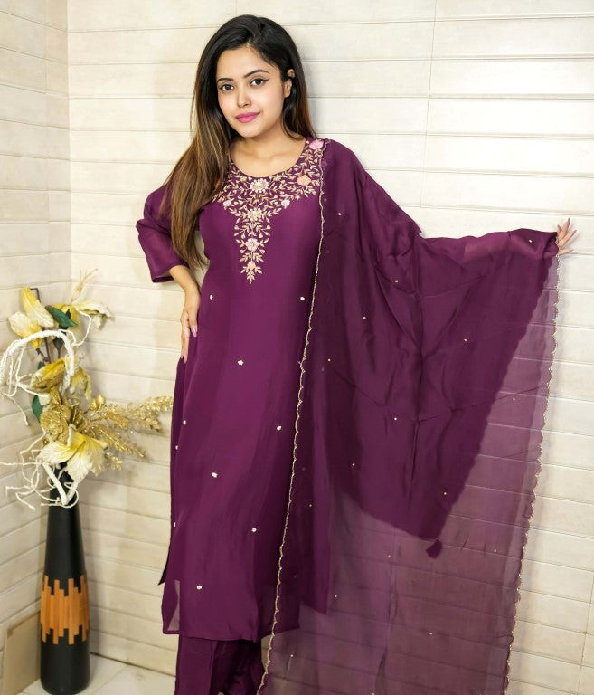 PF7847 - , Kurtis , Ethnic Clothing Hand Embroidery Kurta Sets Silk
