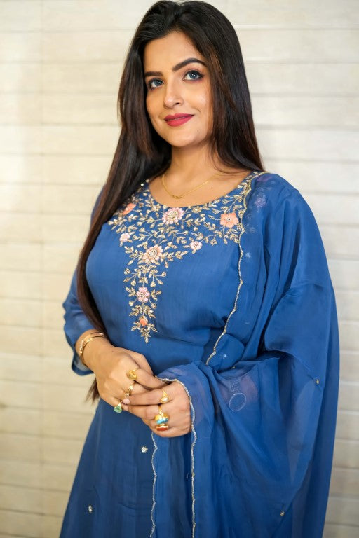 PF7847 - , Kurtis , Ethnic Clothing Hand Embroidery Kurta Sets Silk