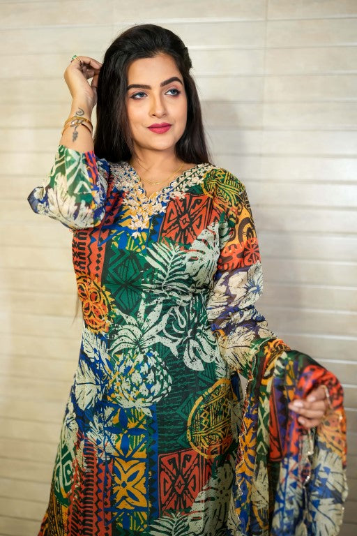 PF7850 - Green , Kurtis , Chinnon Ethnic Clothing Kurta Sets Printed