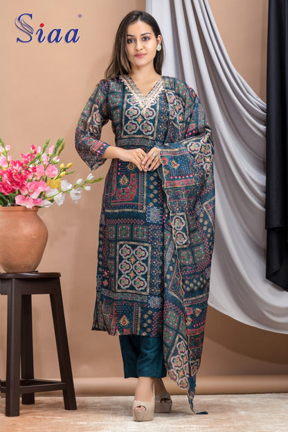 PF7851 Blue Kurtis Chinnon Ethnic Clothing Kurta Sets Printed