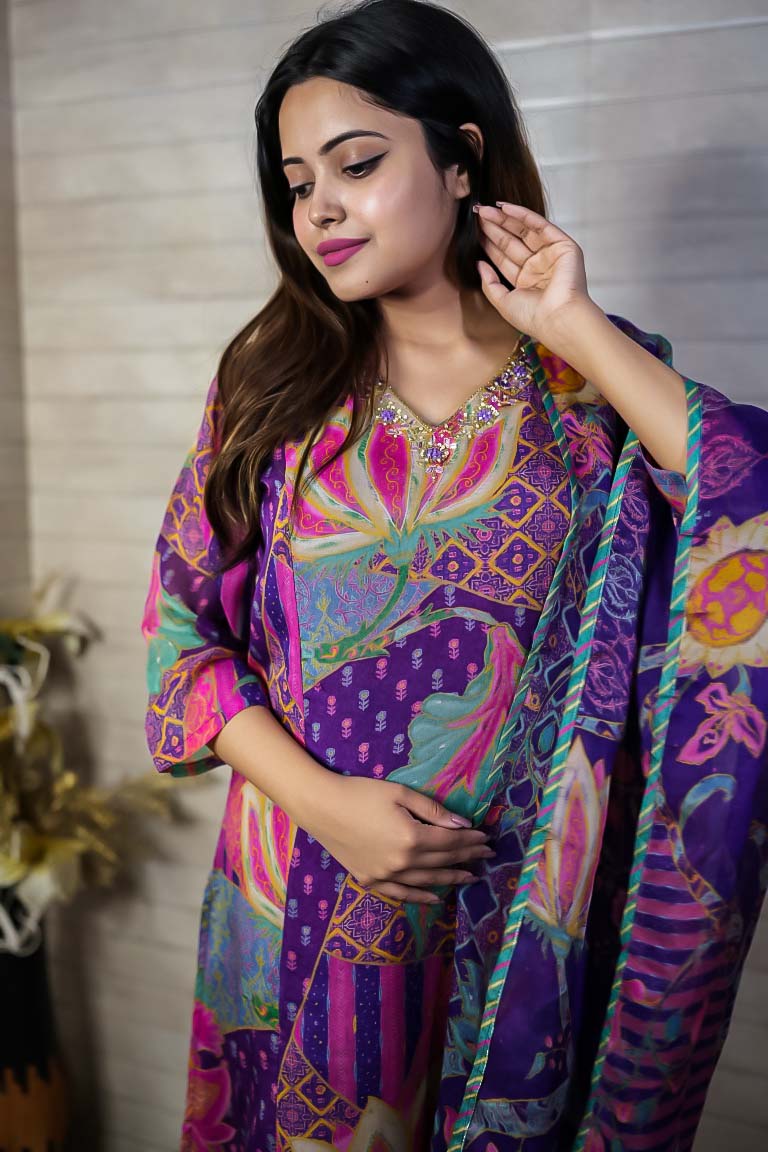 PF7854 Purple Kurtis Ethnic Clothing Kurta Sets Printed Silk