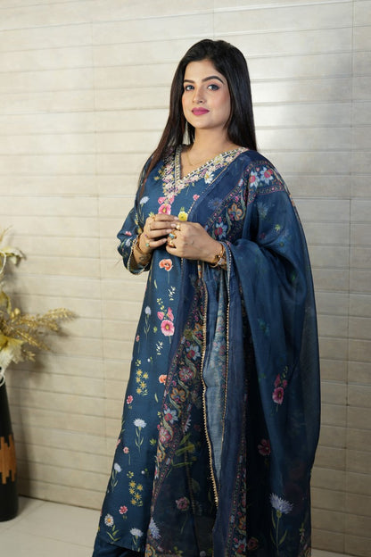 PF7855 - Blue , Kurtis , Ethnic Clothing Kurta Sets Printed Silk