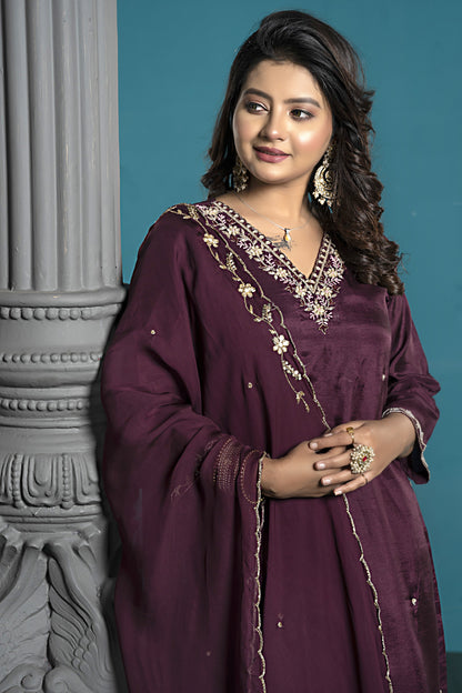PF7855A - Wine , Kurtis , Ethnic Clothing Hand Embroidery Kurta Sets Silk