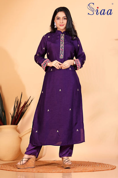 PF7862 Purple Kurtis Ethnic Clothing Hand Embroidery Kurta Sets Silk