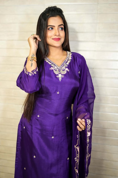 PF7879 - Purple , Kurtis , Ethnic Clothing Hand Embroidery Kurta Sets Silk