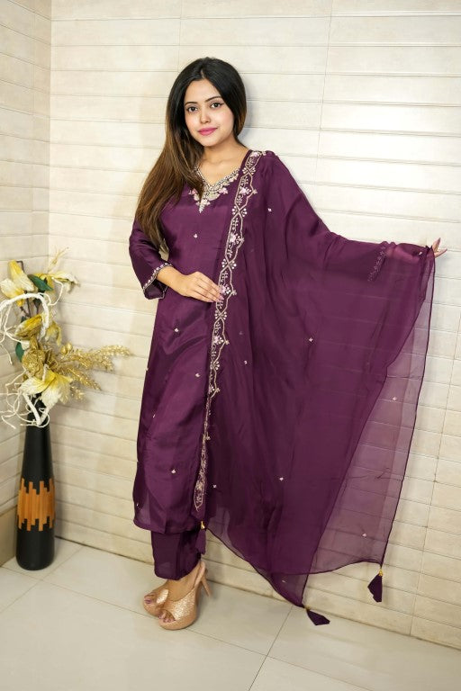 PF7879 - , Kurtis , Ethnic Clothing Hand Embroidery Kurta Sets Silk
