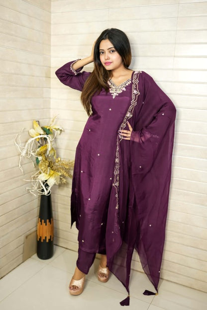 PF7879 - , Kurtis , Ethnic Clothing Hand Embroidery Kurta Sets Silk