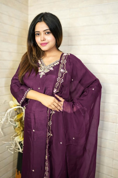 PF7879 - Wine , Kurtis , Ethnic Clothing Hand Embroidery Kurta Sets Silk