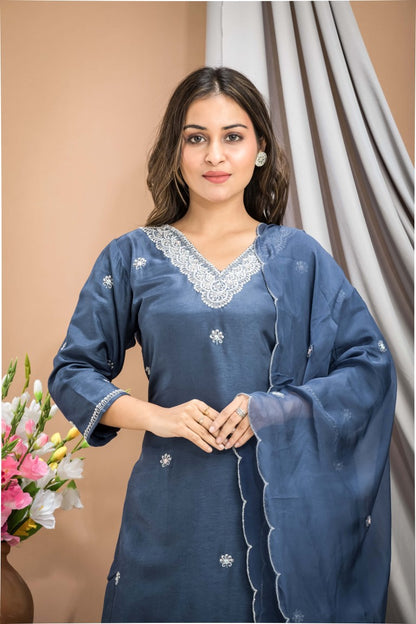 PF7916 - Grey , Kurtis , Ethnic Clothing Hand Embroidery Kurta Sets Silk