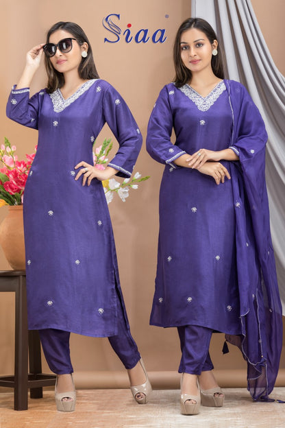 PF7916 - Purple , Kurtis , Ethnic Clothing Hand Embroidery Kurta Sets Silk