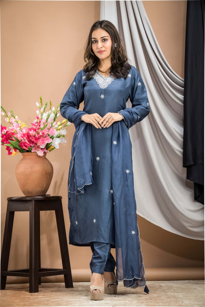 PF7916 - , Kurtis , Ethnic Clothing Hand Embroidery Kurta Sets Silk