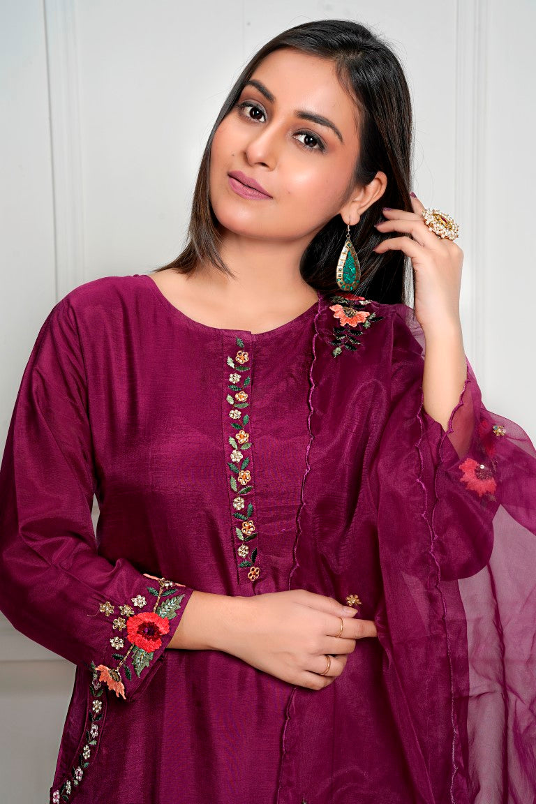 PF7924 Wine Kurtis Ethnic Clothing Festive Collection Hand Embroidery Kurta Sets Silk