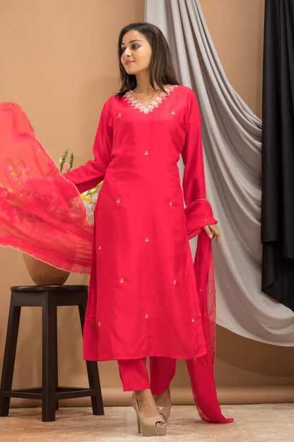 PF7926 - Cherry , Kurtis , Ethnic Clothing Hand Embroidery Kurta Sets Silk