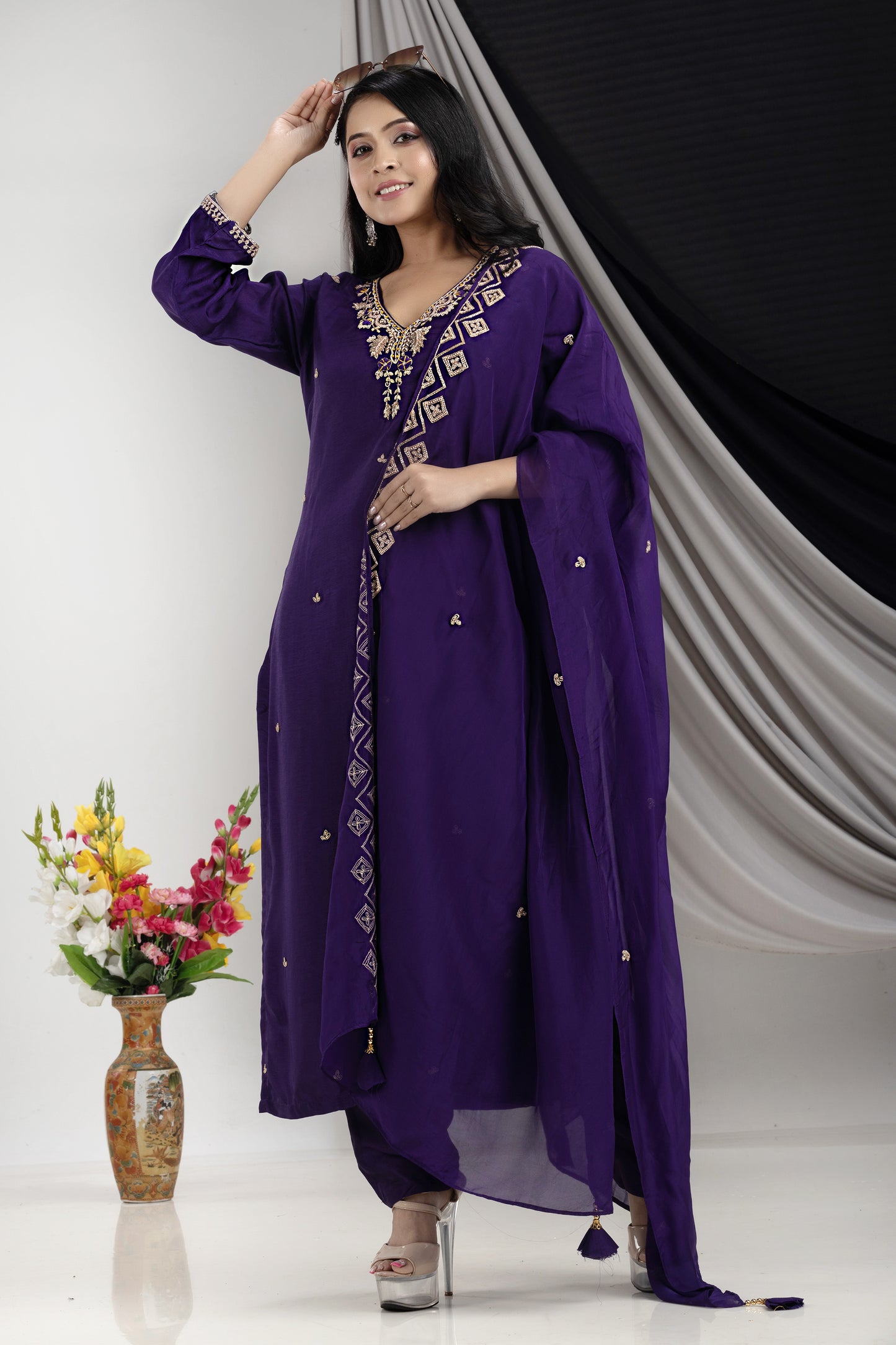 PF7928 - Purple , Kurtis , Ethnic Clothing Hand Embroidery Kurta Sets Silk