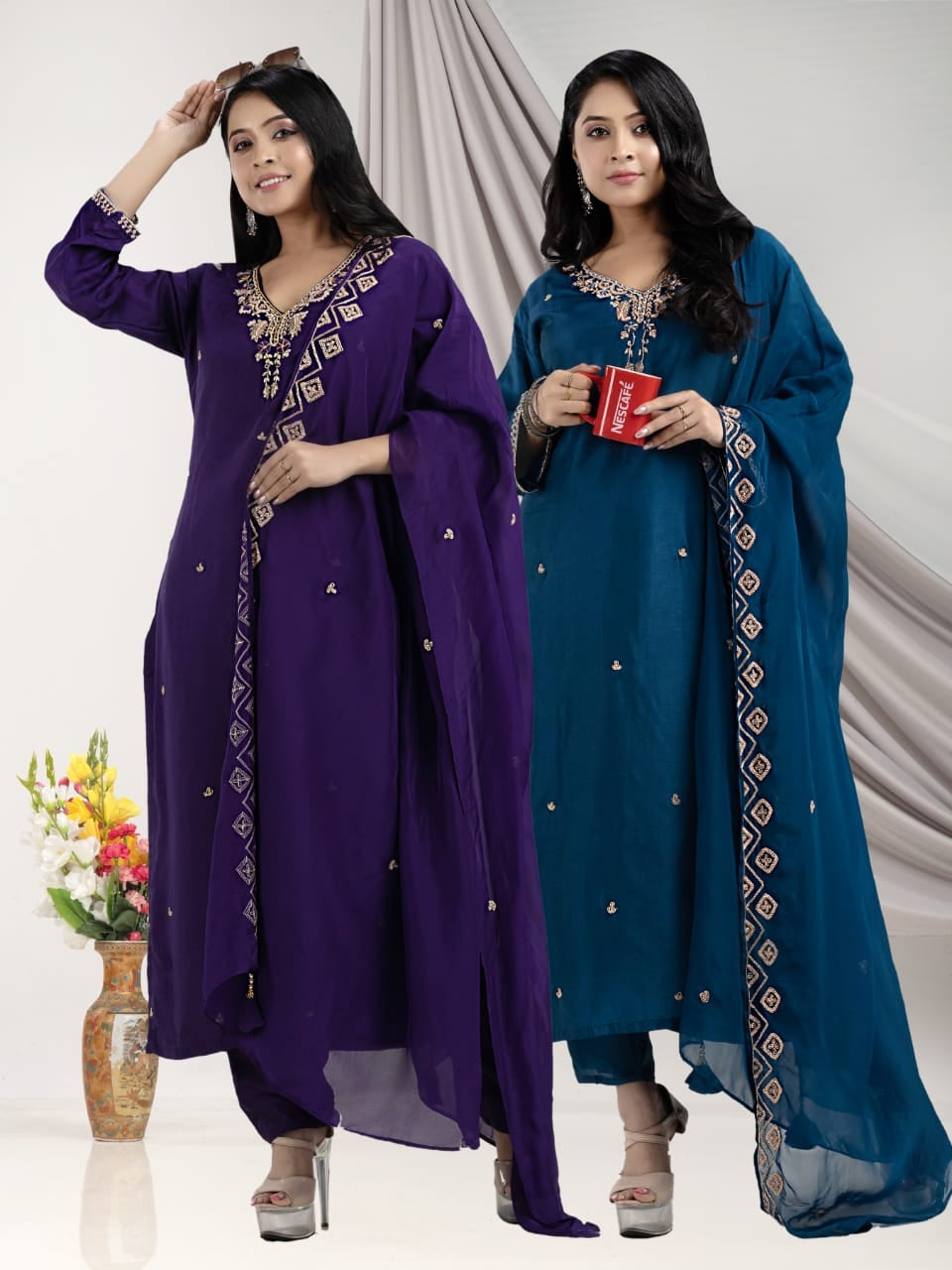 PF7928 - Blue , Kurtis , Ethnic Clothing Hand Embroidery Kurta Sets Silk