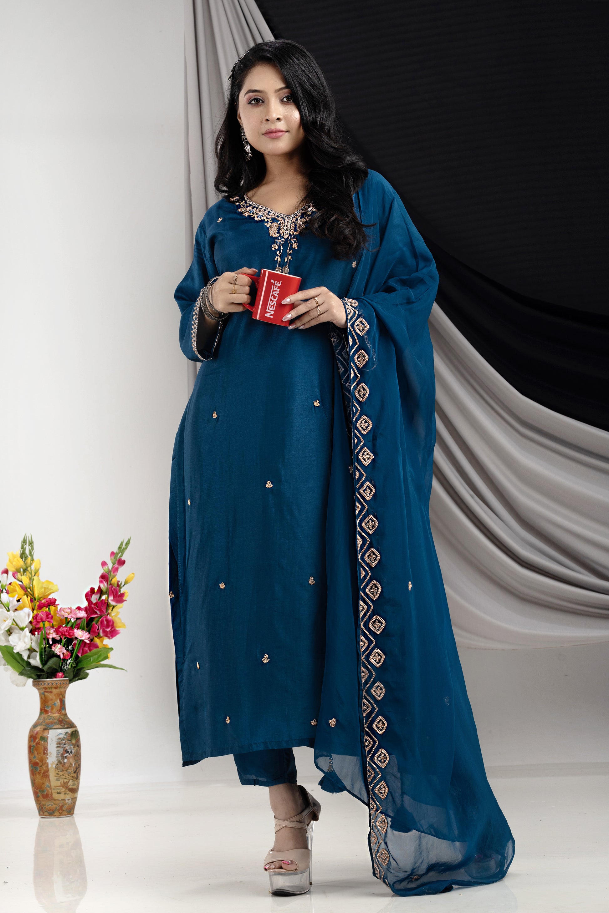 PF7928 - , Kurtis , Ethnic Clothing Hand Embroidery Kurta Sets Silk