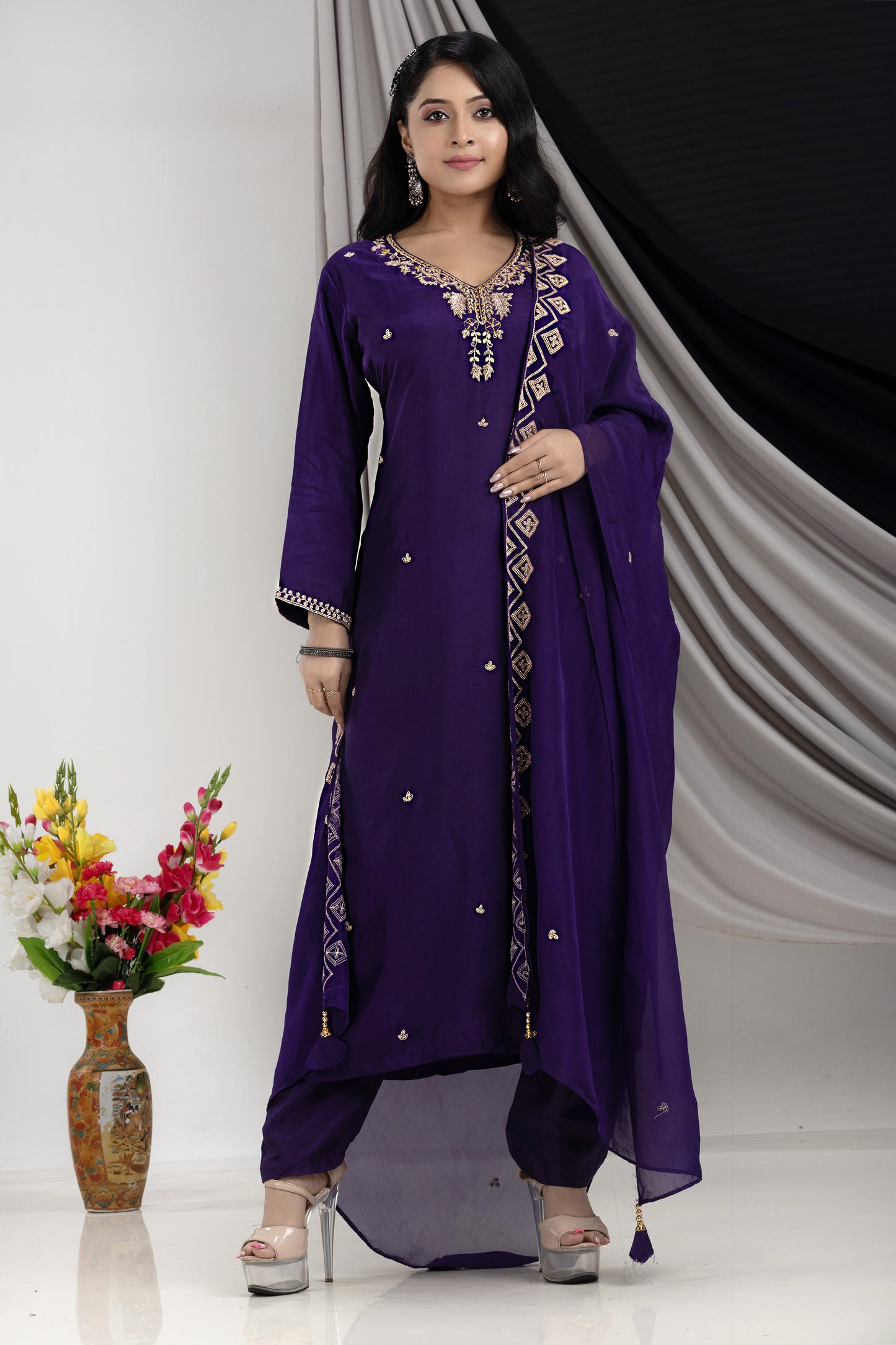 PF7928 - , Kurtis , Ethnic Clothing Hand Embroidery Kurta Sets Silk