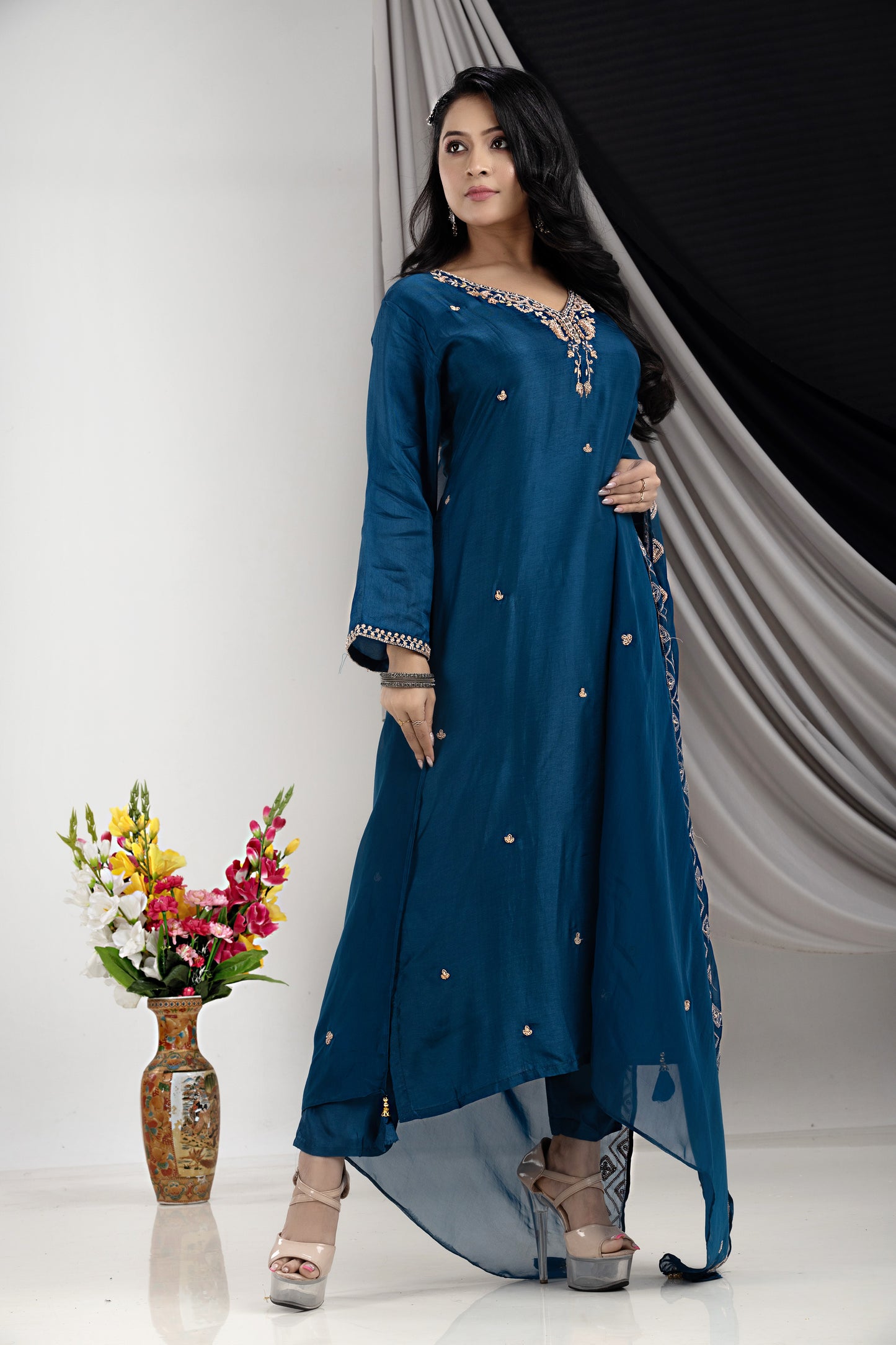 PF7928 - , Kurtis , Ethnic Clothing Hand Embroidery Kurta Sets Silk