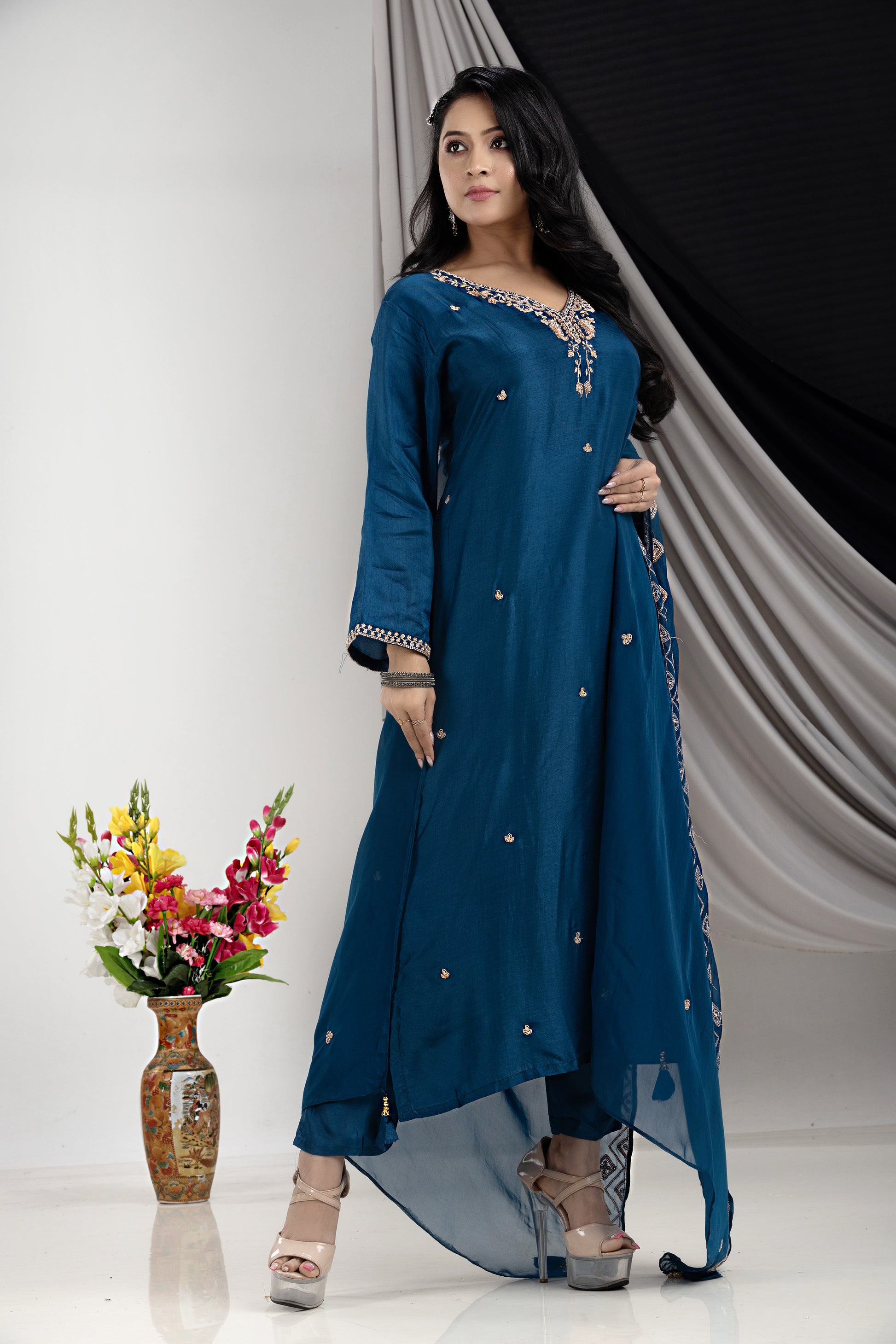 PF7928 - , Kurtis , Ethnic Clothing Hand Embroidery Kurta Sets Silk