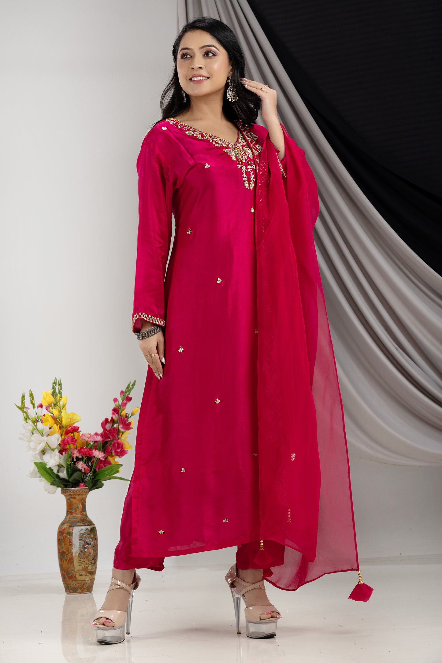 PF7928 - , Kurtis , Ethnic Clothing Hand Embroidery Kurta Sets Silk