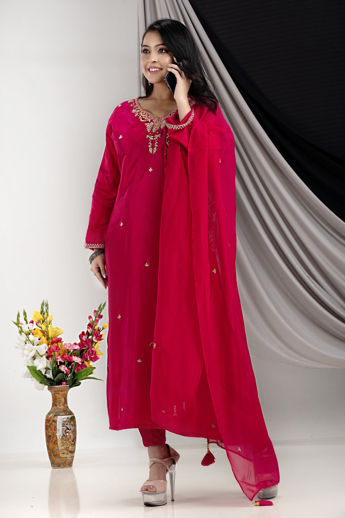 PF7928 - , Kurtis , Ethnic Clothing Hand Embroidery Kurta Sets Silk