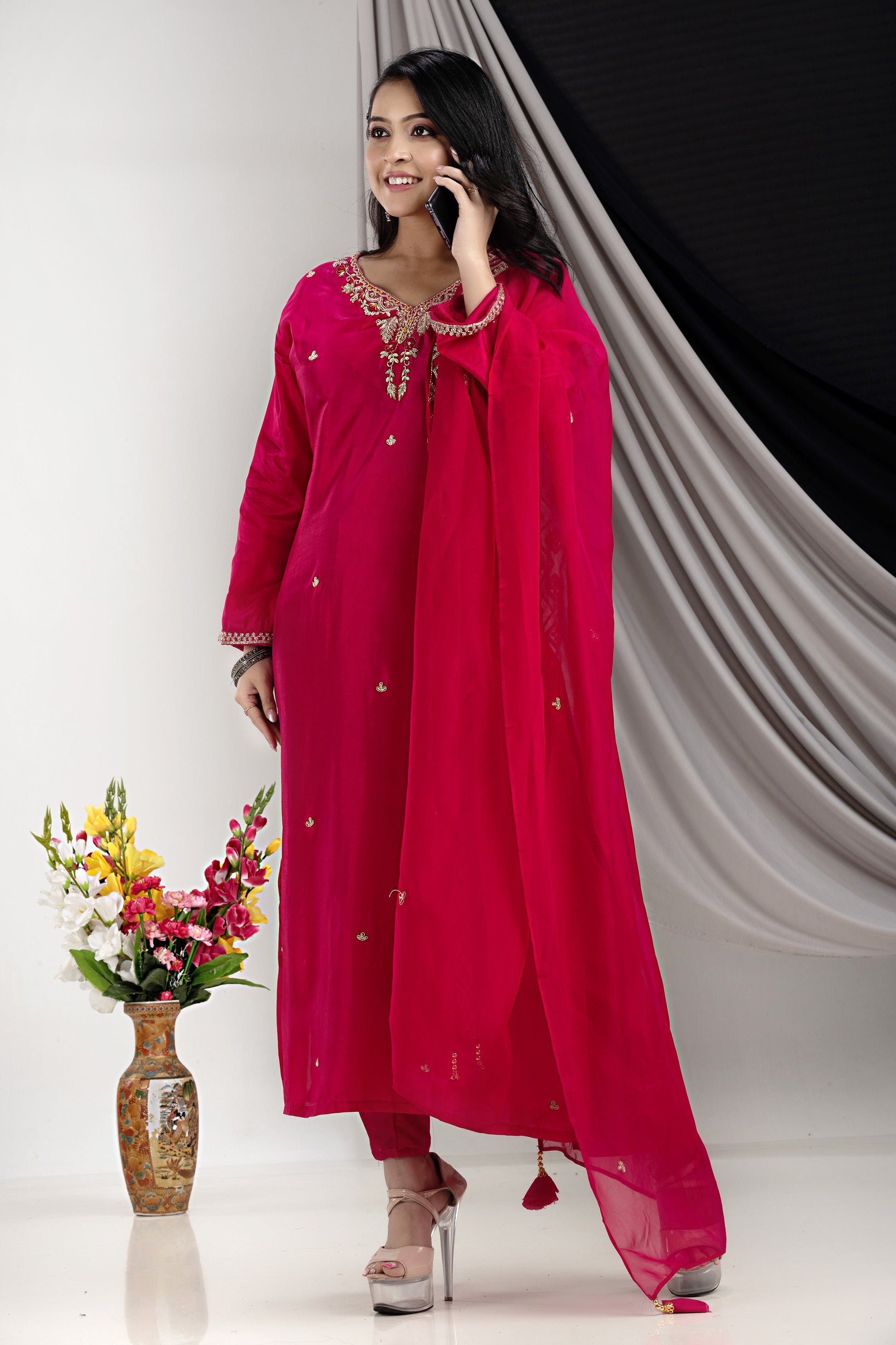 PF7928 - , Kurtis , Ethnic Clothing Hand Embroidery Kurta Sets Silk