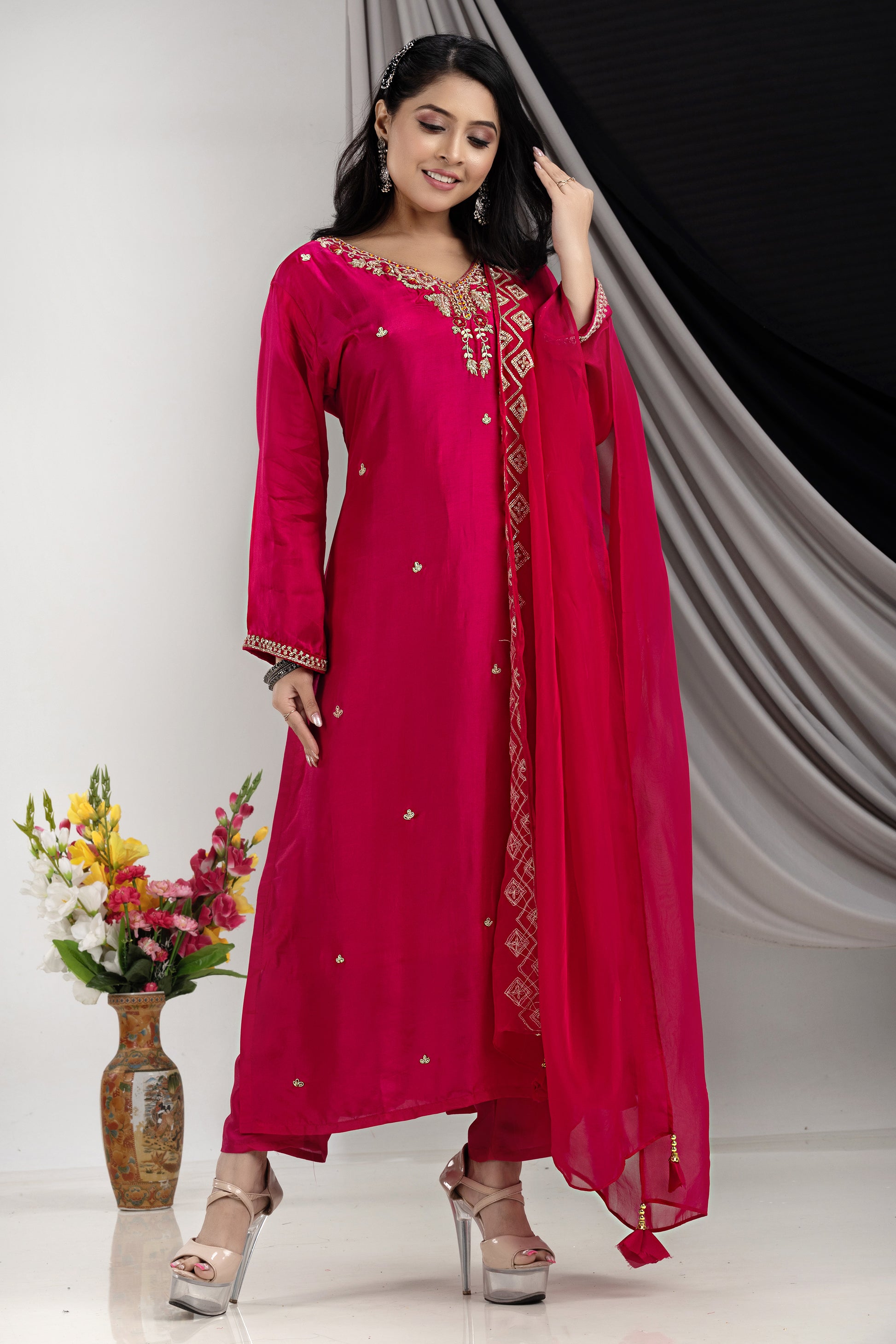 PF7928 - , Kurtis , Ethnic Clothing Hand Embroidery Kurta Sets Silk