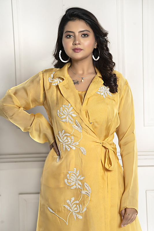 PF7938 - Mustard , Kurtis , Casual Wear Cocktail Collection Cord Sets Ethnic Clothing Hand Embroidery Silk