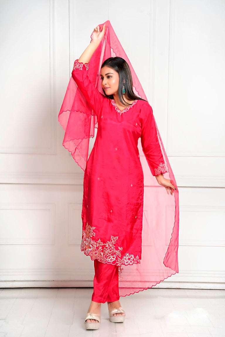 PF7939 - Cherry , Kurtis , Ethnic Clothing Hand Embroidery Kurta Sets Silk