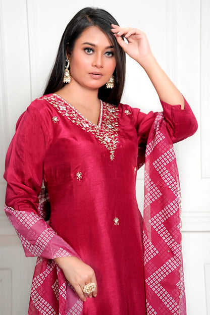 PF7954 Cherry Kurtis Bandhej Ethnic Clothing Hand Embroidery Kurta Sets Silk