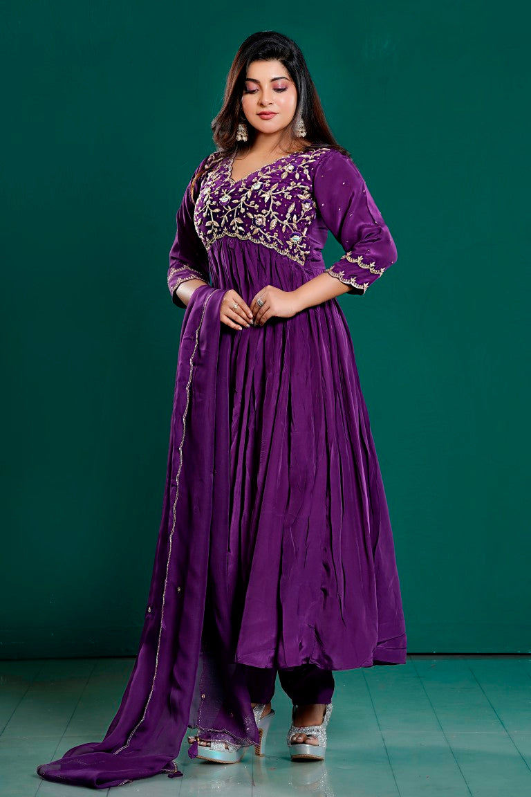 PF7962 - Purple , Kurtis , Anarkali Ethnic Clothing Hand Embroidery Silk