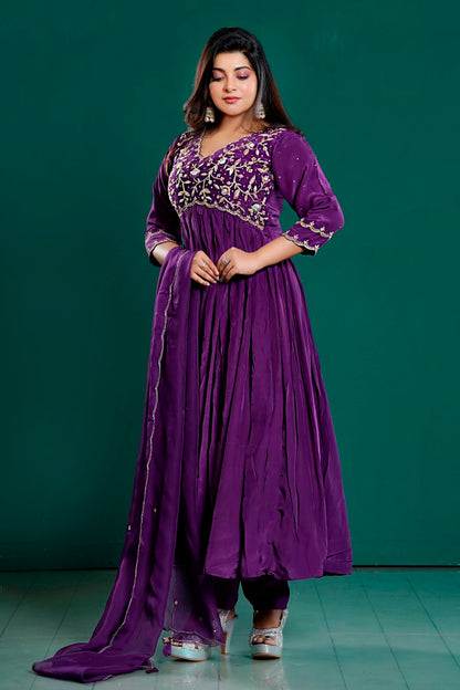 PF7962 - Purple , Kurtis , Anarkali Ethnic Clothing Hand Embroidery Silk