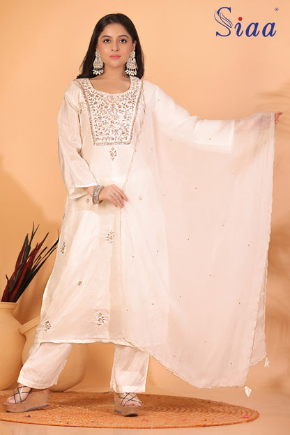 PF7965A Off White Kurtis Ethnic Clothing Hand Embroidery Kurta Sets Silk