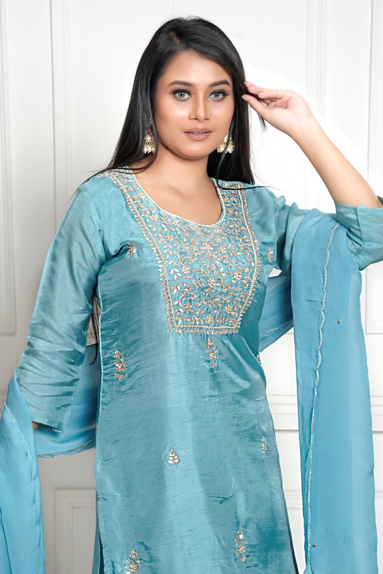 PF7965A - Firoza , Kurtis , Ethnic Clothing Hand Embroidery Kurta Sets Silk