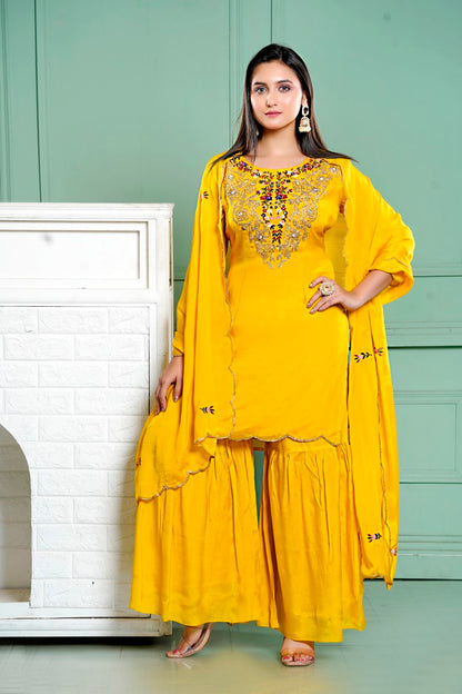 PF7972 Mustard Kurtis Ethnic Clothing Hand Embroidery Kurta Sets Shararas Silk Trending Collection