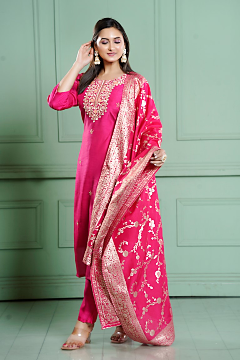 PF7975 - , Kurtis , Ethnic Clothing Hand Embroidery Kurta Sets Silk