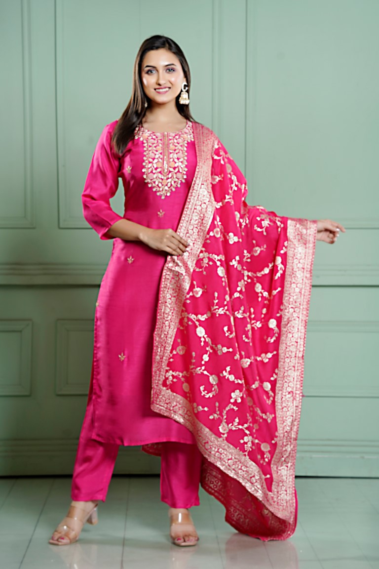 PF7975 - Cherry , Kurtis , Ethnic Clothing Hand Embroidery Kurta Sets Silk