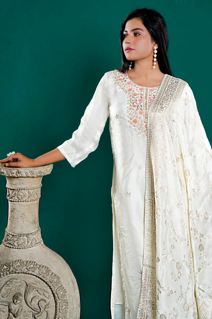 PF7975 - Off White , Kurtis , Ethnic Clothing Hand Embroidery Kurta Sets Silk