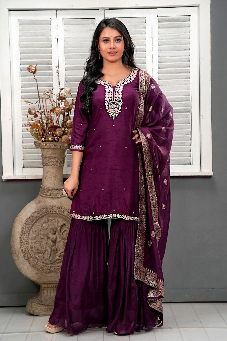 PF7986 - , Kurtis , Ethnic Clothing Hand Embroidery Shararas Silk Trending Collection