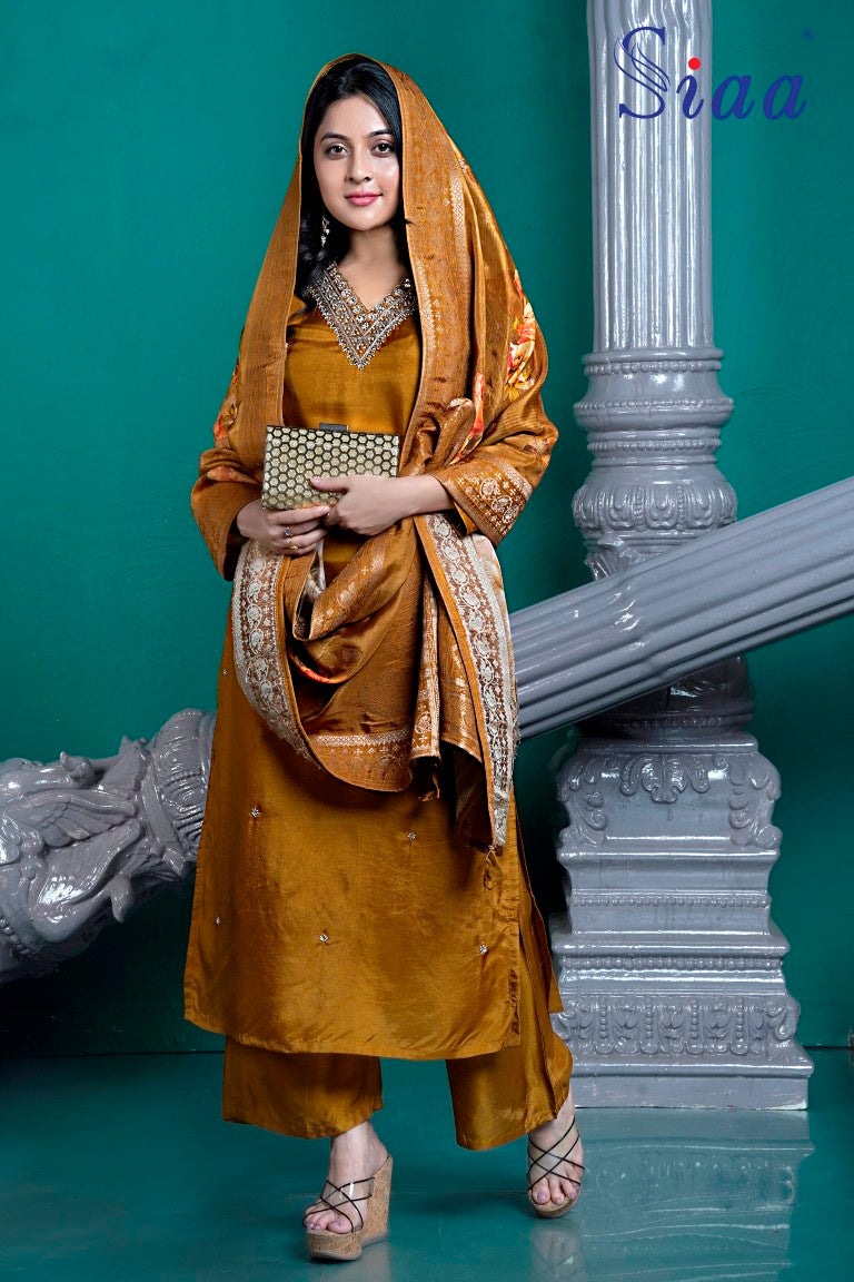 PF7992 - Brown , Kurtis , Banarasi Ethnic Clothing Hand Embroidery Kurta Sets Silk