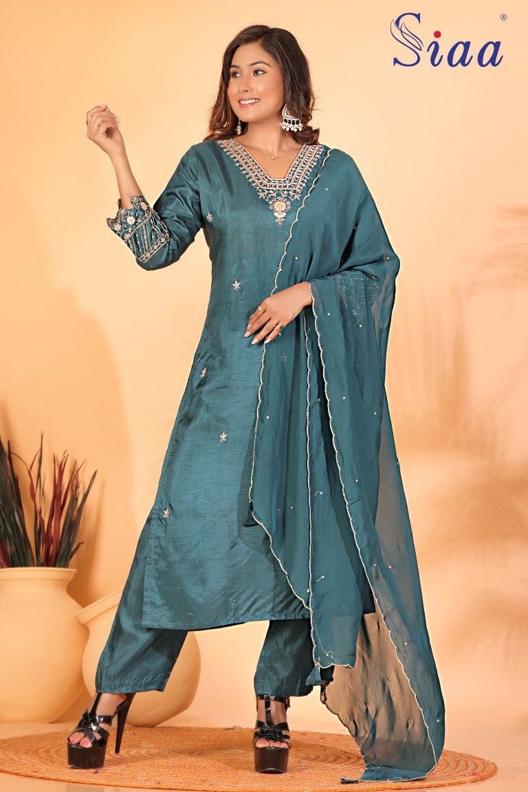 PF7997 - Indigo , Kurtis , Ethnic Clothing Hand Embroidery Kurta Sets Silk