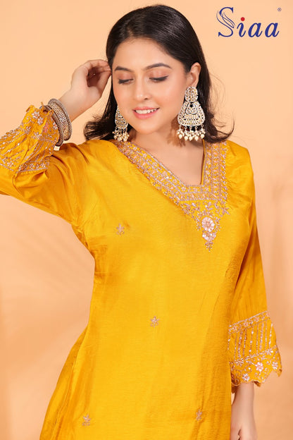 PF7997 - Mustard , Kurtis , Ethnic Clothing Hand Embroidery Kurta Sets Silk