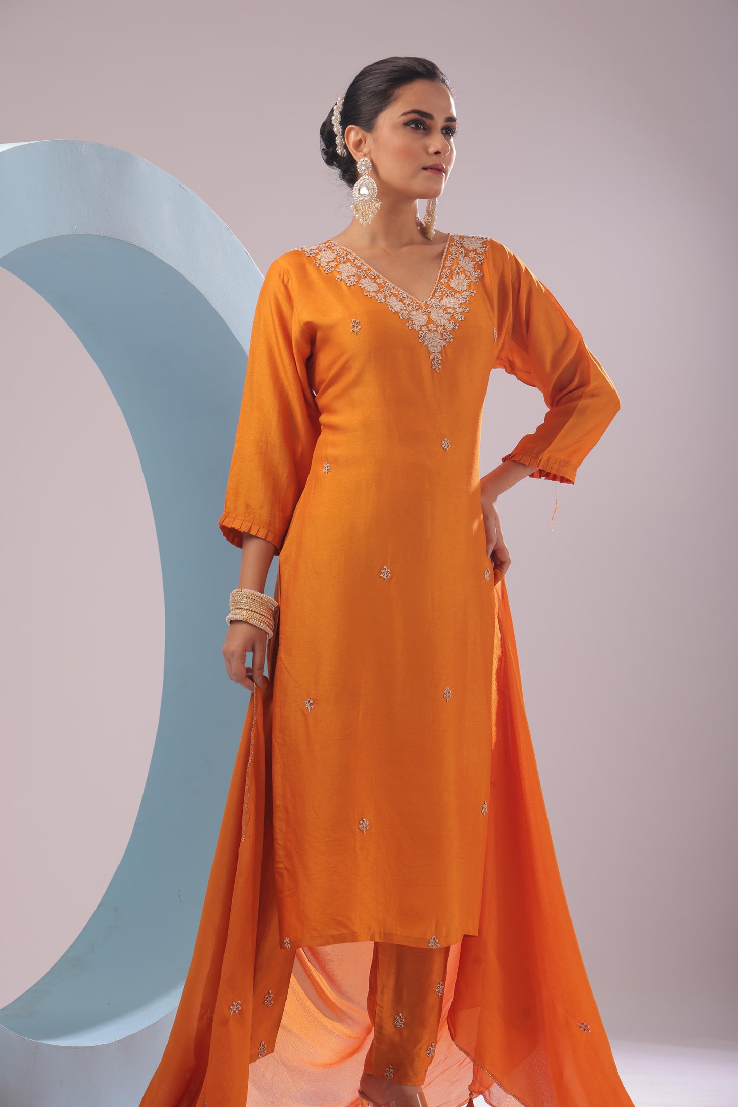 PF8002 - Orange , Kurta , Ethnic Clothing Festive Collection fresh Release Hand Embroidery Kurta Sets Silk