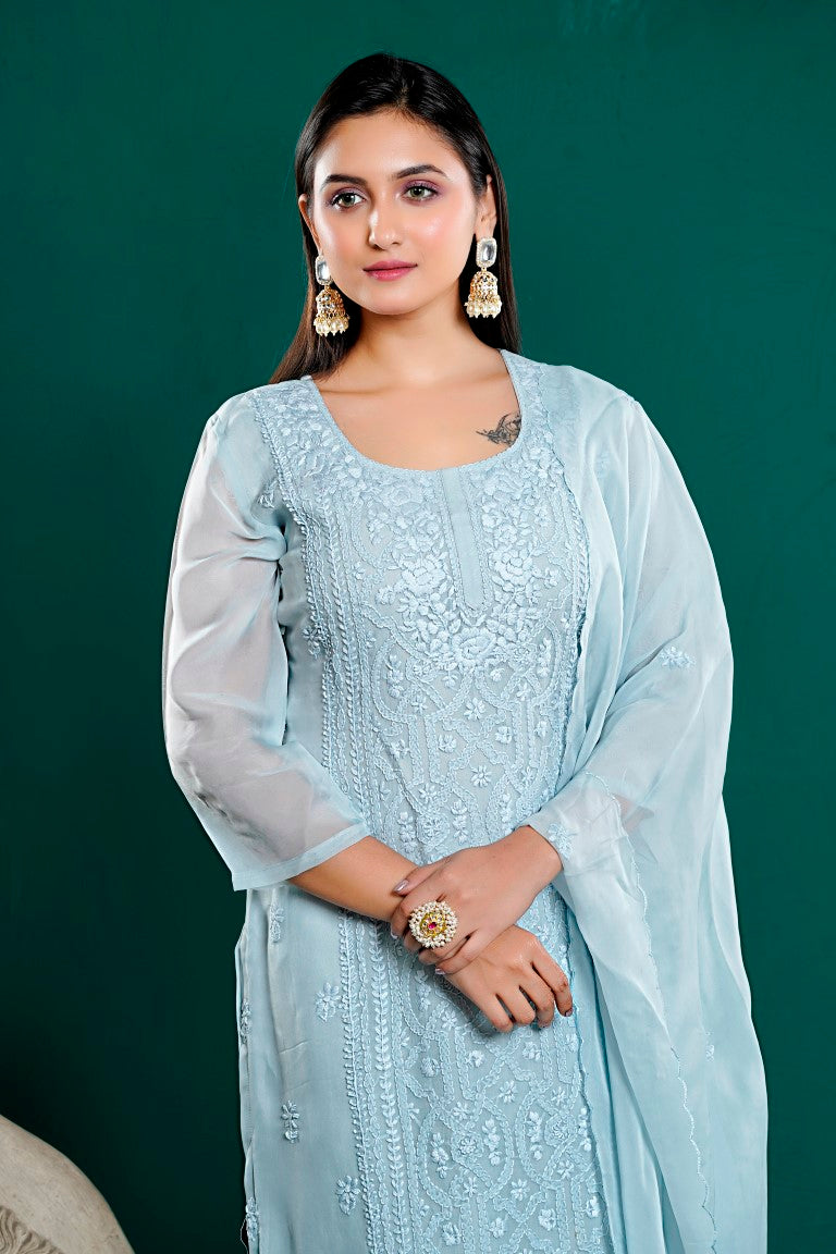 PF8031 Grey Kurtis Chiffon Ethnic Clothing Kurta Sets Lucknowi