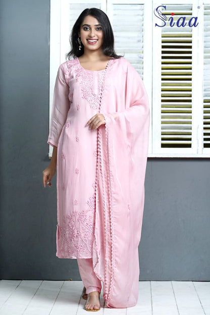 PF8032 Pink Kurtis Chiffon Ethnic Clothing Hand Embroidery Kurta Sets Lucknowi