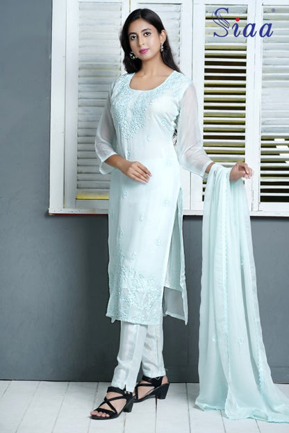 PF8032 Kurtis Chiffon Ethnic Clothing Hand Embroidery Kurta Sets Lucknowi