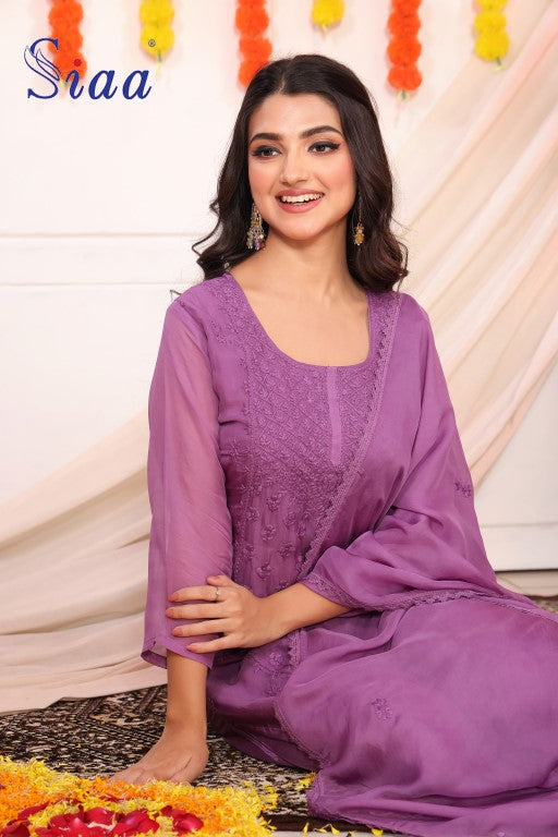 PF8033 - mauve , , Chinnon Ethnic Clothing Hand Embroidery Kurta Sets Lucknowi