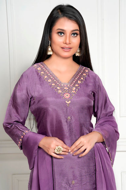 PF8035 - Mauve , Kurtis , Ethnic Clothing Hand Embroidery Kurta Sets Silk