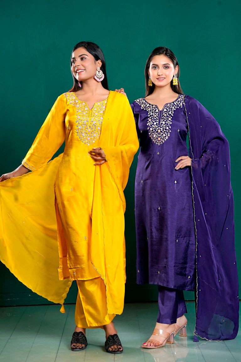 PF8039 - Mustard , Kurtis , Ethnic Clothing Hand Embroidery Kurta Sets Silk