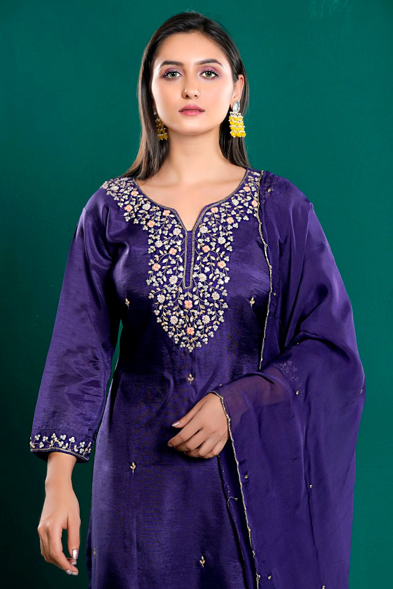 PF8039 - Purple , Kurtis , Ethnic Clothing Hand Embroidery Kurta Sets Silk